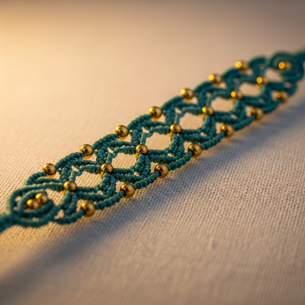 Готовый браслет из нитей бирюзового и золотого цветов