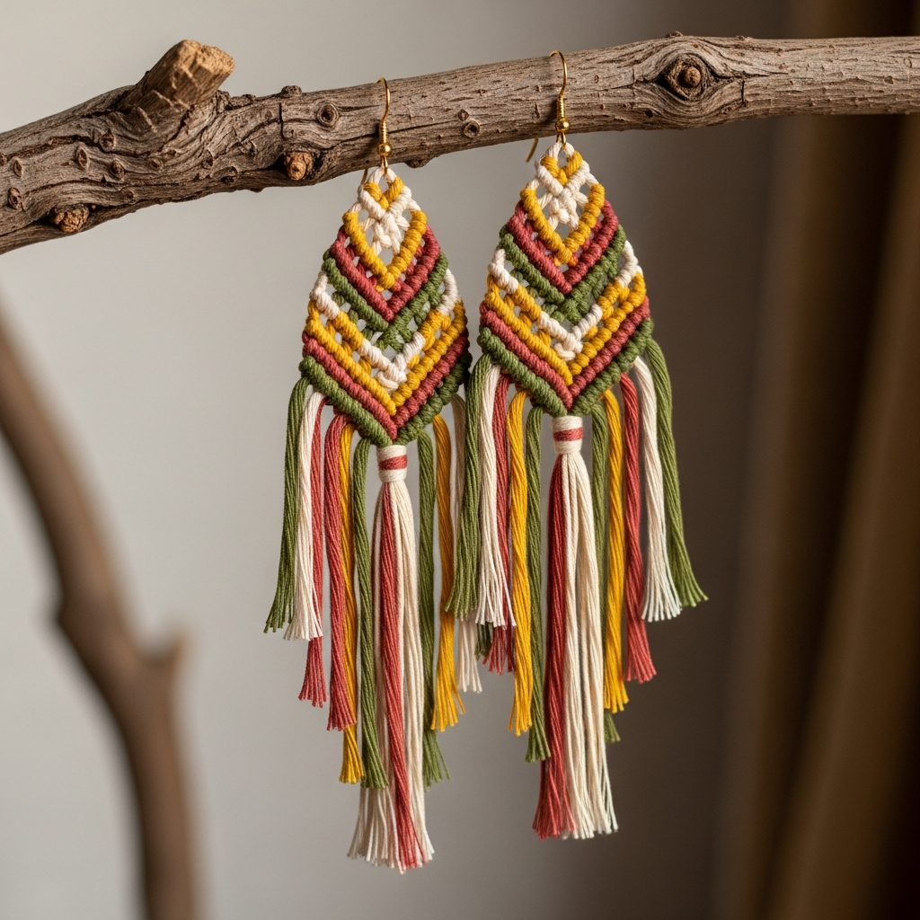 Серьги макраме в стиле бохо с кисточками