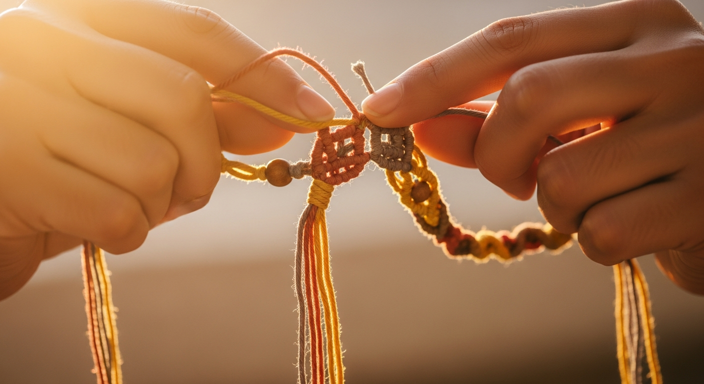 Руки, аккуратно завязывающие нити для браслета макраме в теплом свете студии