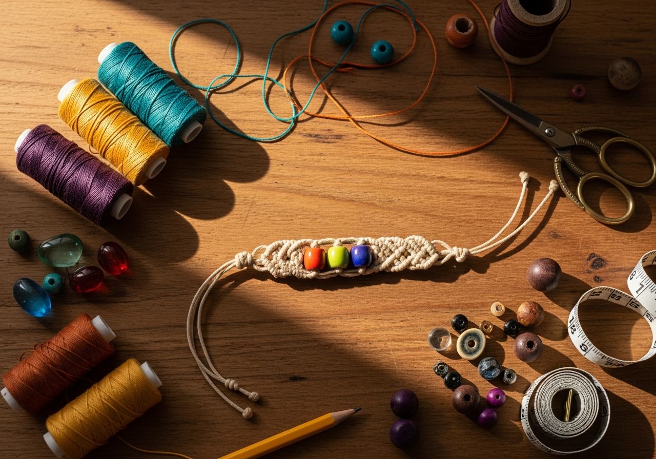 Рабочий стол с нитями, ножницами и незаконченным браслетом